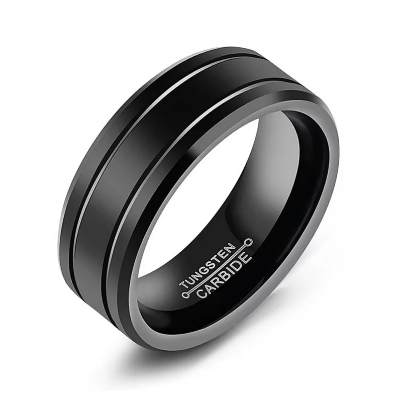 Men's 8mm Tungsten Carbide Ring Black Stainless Steel Ring Beveled Edge Wedding Band Size 6-13 Comfort Fit wedding rings finger rings fashion rings fashion ring stainless steel rings metal rings