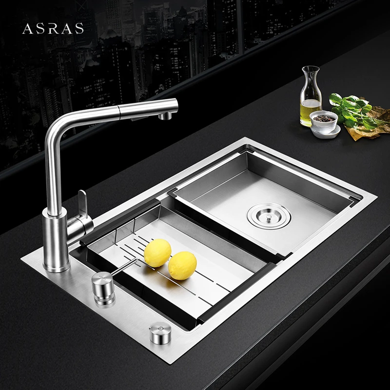 Asras Sus 304 Stainless Steel Side Kitchen Sink Large Size Handmade