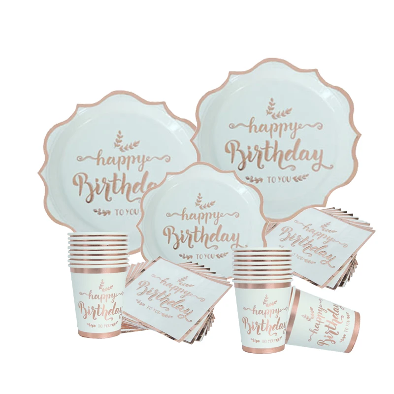 Happy Birthday Rose Gold Disposable Tableware Paper Plate Cup Napkin Adult 18 30 40 50 Birthday Decorations Supplies Wedding