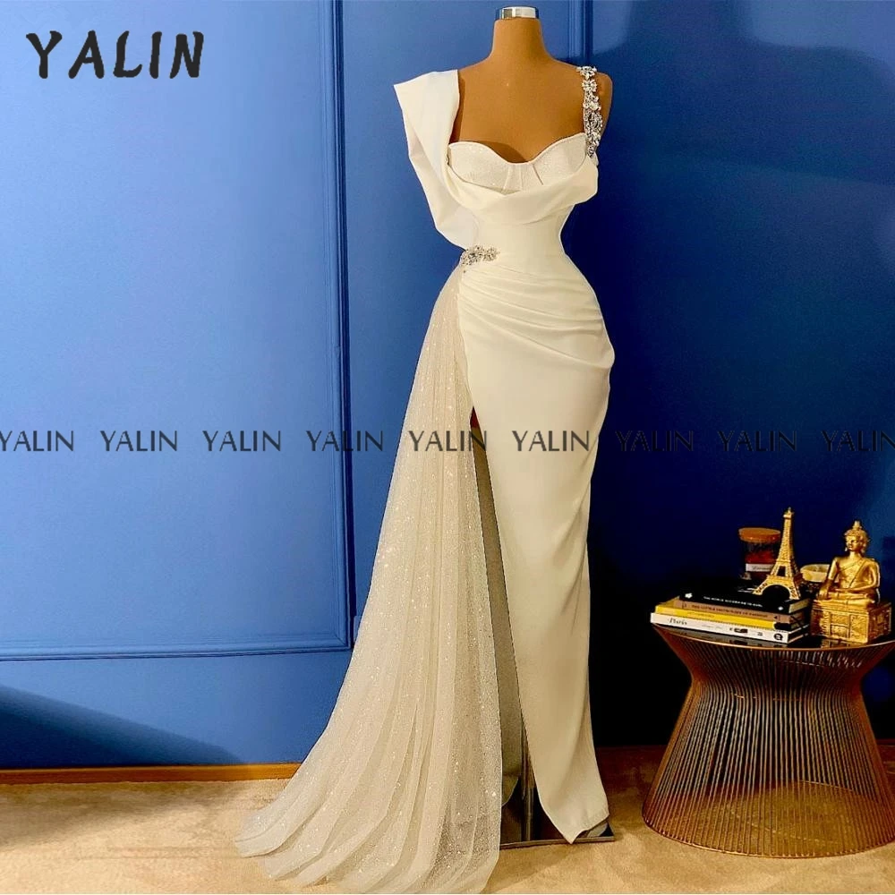 

YALIN Sexy Mermaid Evening Dress White Prom Satin Elegant Sweep Train Sleeveless High Slit Tulle vestido de festa