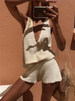 Casual Shorts Set For Spring Summer Comfortable Everyday Lazy Style Solid Color V-neck Pullover Knitted Vest Short Two-piece Set 1