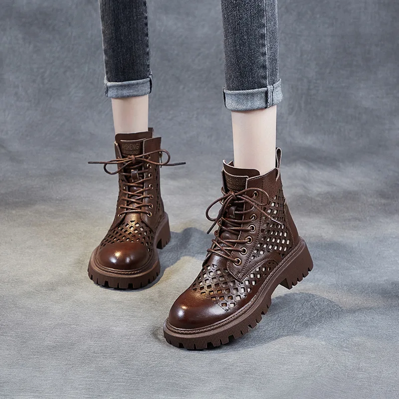 

Birkuir Thick Heel Hollow Out Ankle Boots Side Zip Lace Up Women Boots Luxury Shoes Hollow Shoes Elegant Short Boots Ladies