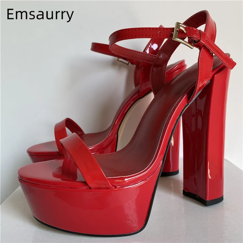 

High Increasing Platform Sandals Women Chunky Heel Ankle Strap Luxury Patent Leather Open Toe Summer Shoes For Girls