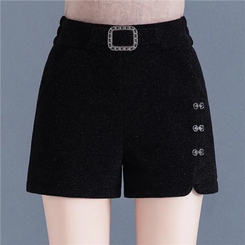 Women's High Waist Solid Button Pocket Fashion Wide Leg Pants 2023 Autumn and Winter Korean Woolen Fleece Slim Fit Casual Shorts
