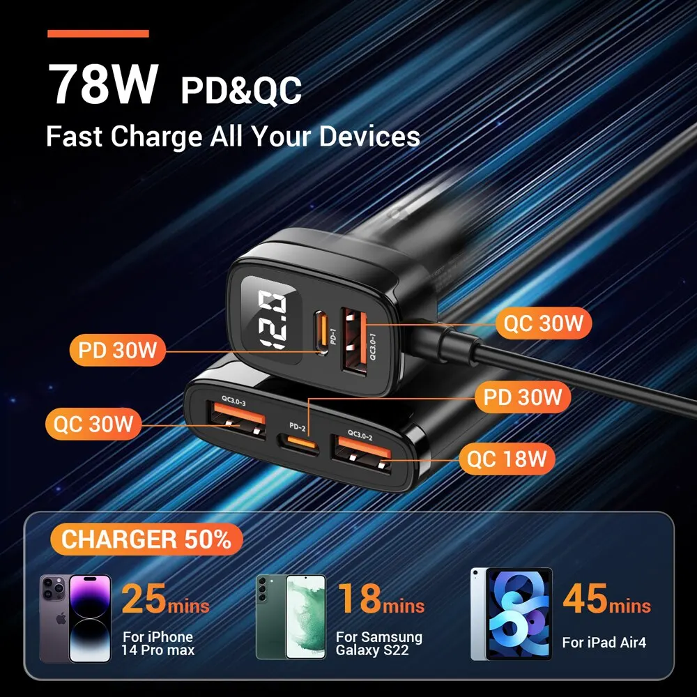 ASOMETECH 78W USB Car Charger 5 Ports QC3.0 PD3.0 SCP USB Type C Quick Charger iPhone Samsung Tablet Xiaomi Car car charger car phone charger