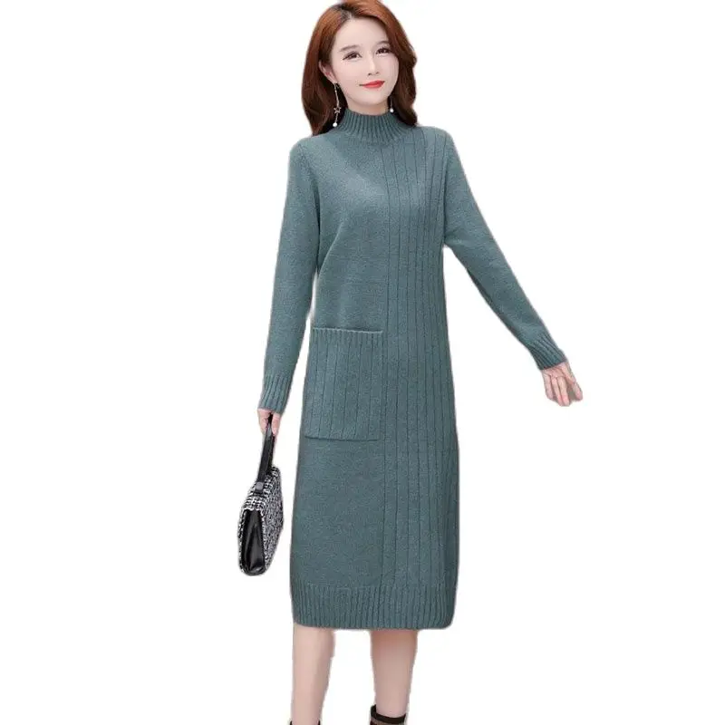 

Autumn And Winter Knitted Sweater Skirt Womens Mid-length Bottoming Skirt Outer Wear Loose Large Size Fleece Over-the-knee Dres