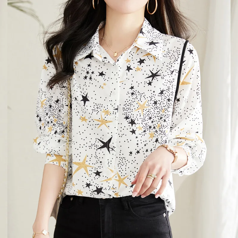 Spring Summer New POLO Collar Fashion Long Sleeve Shirt Women High Street Casual Loose Button Cardigan Cute Printing Chic Tops