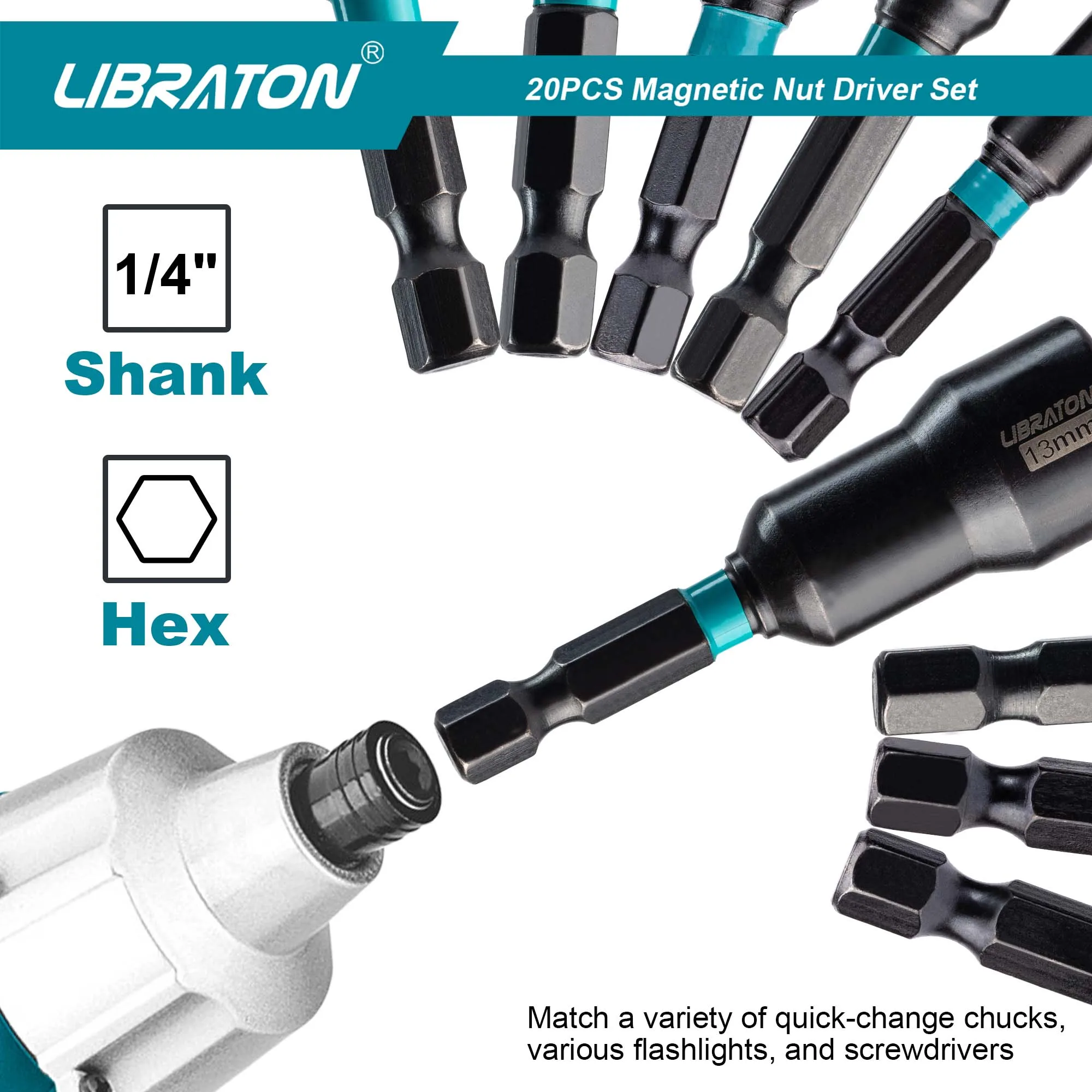 Libraton Magnetic Nut Driver, 20PCS Impact Drill Driver Bit Set 1/4" Metric 5-13mm & SAE Nut Driver 3/16''-1/2'' 3