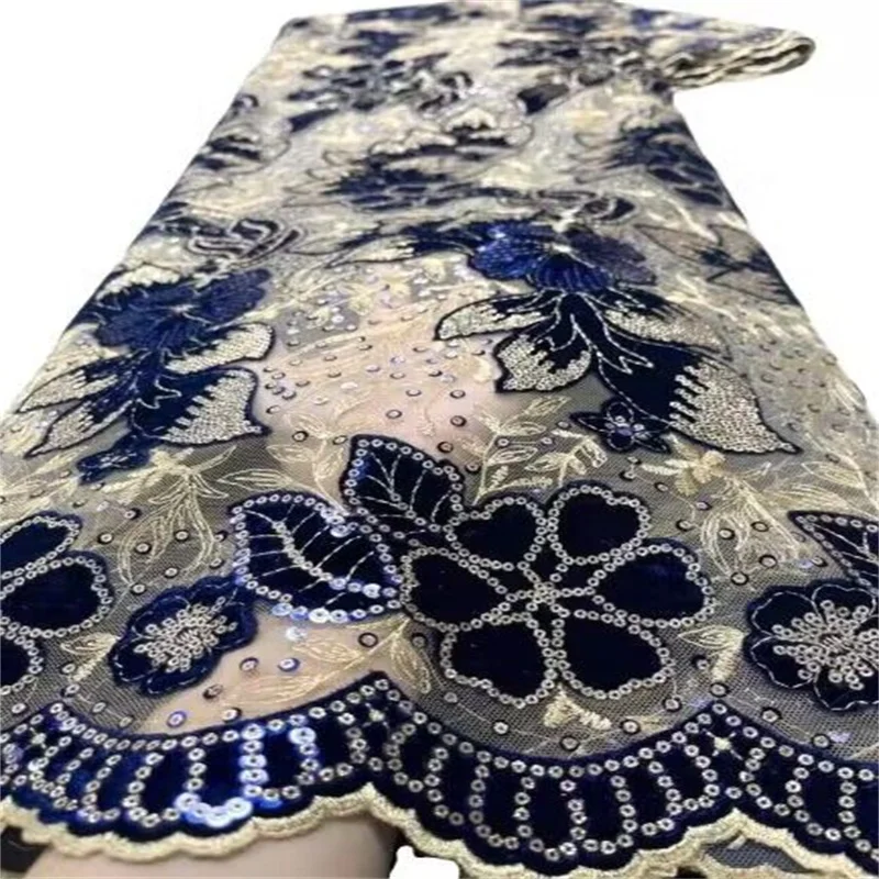

High Quality African Lace Fabric Velvet Lace Fabric with Sequins Embroidery Nigerian Tulle Mesh Lace Fabric for Sewing