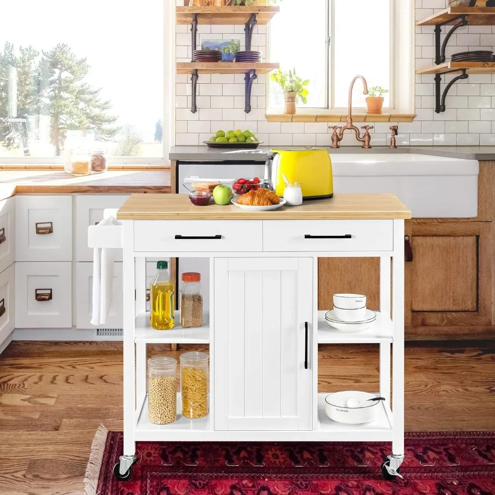 Kitchen Island Cart with Bamboo Countertop Rolling Kitchen Storage Trolley with 2 Drawers and Adjustable Shelves