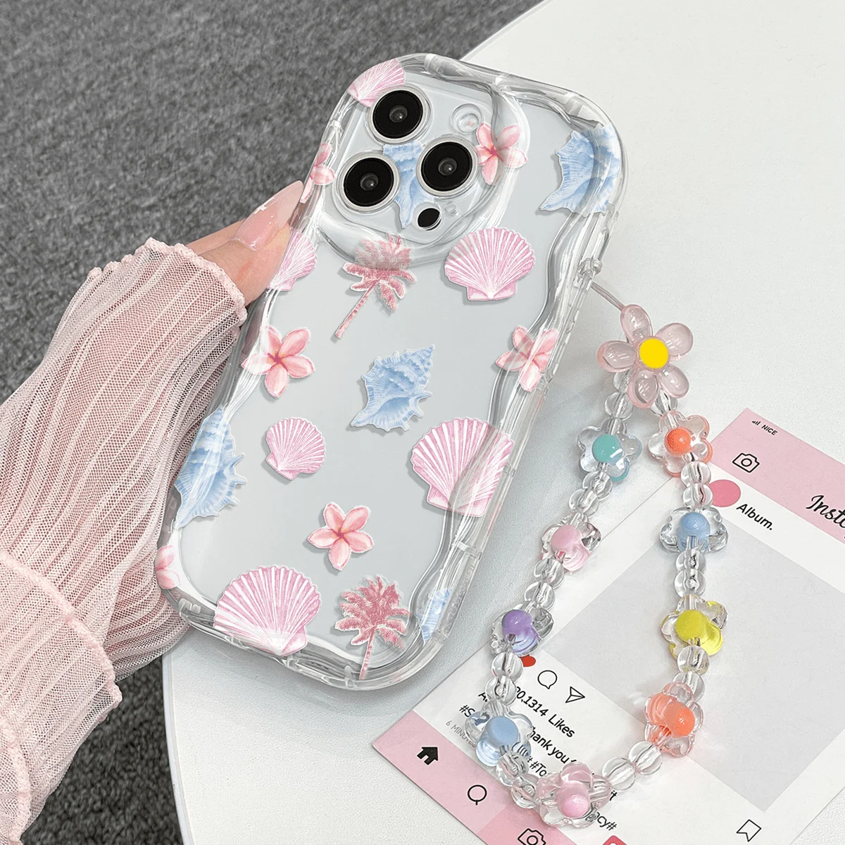Chic Beaded Shell Flower Phone Case with Ripple Border Cover