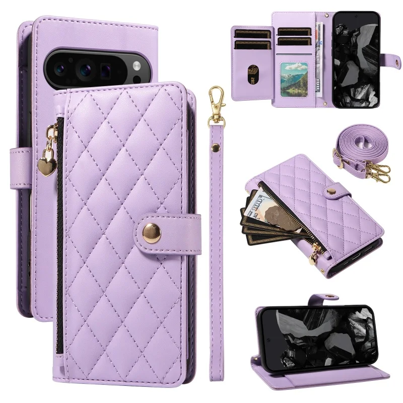 Elegant Leather Zipper Flip Phone Case with Long Lanyard and Wrist Strap Wallet