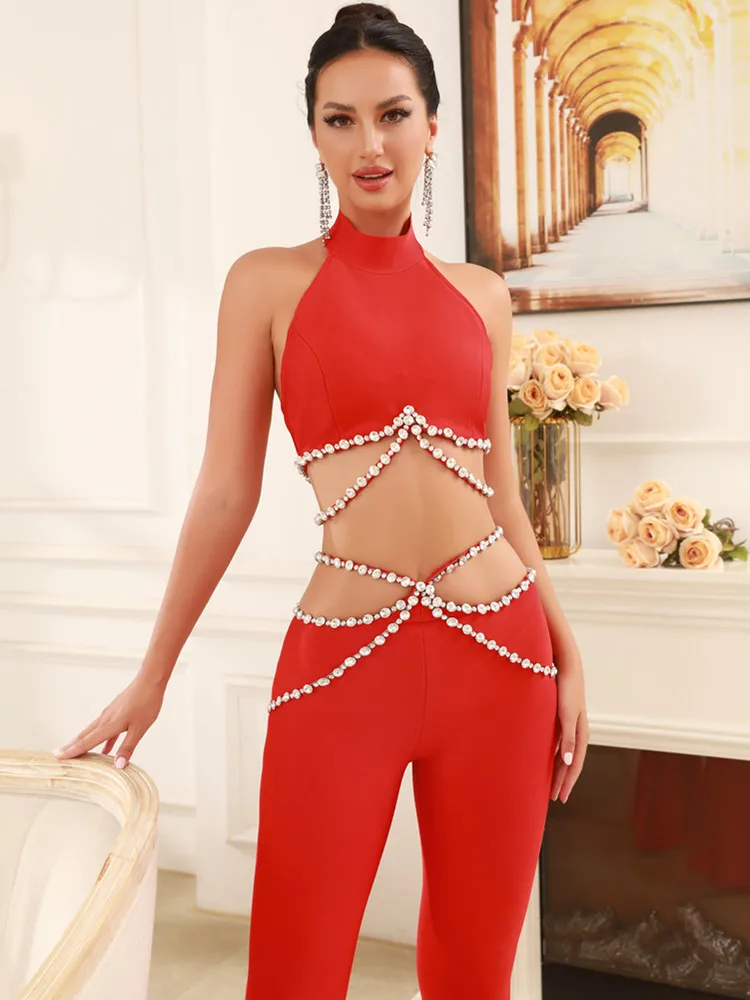 Luxury Women Summer Sexy Cut Out Sleeveless Beading Red Flare Bandage Pants Set 2024 Elegant Evening Club Party Outfits 5