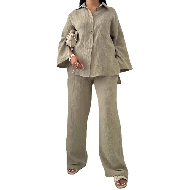 Eid Muslim Women Two Piece Set Splice Pocket Shirt Wide Leg Pants Ensemble Dubai Arab Islamic Ramadan Outfit Casual Suits - Image 5