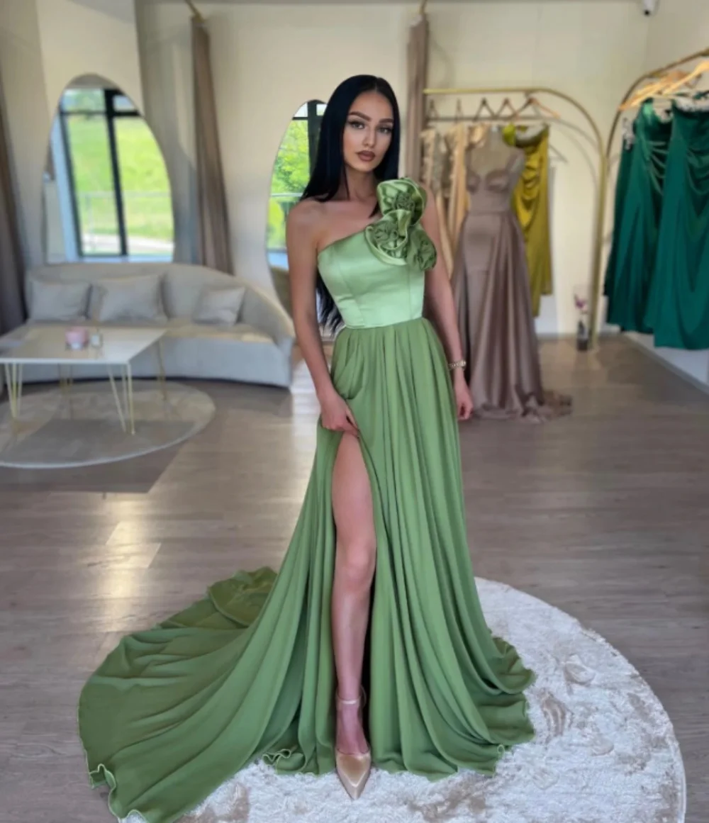 

New Prom Dress Strapless Sleeveless Flowers Formal Evening Dress Sexy Side High Split A-Line Floor-Length Wedding Party Dress