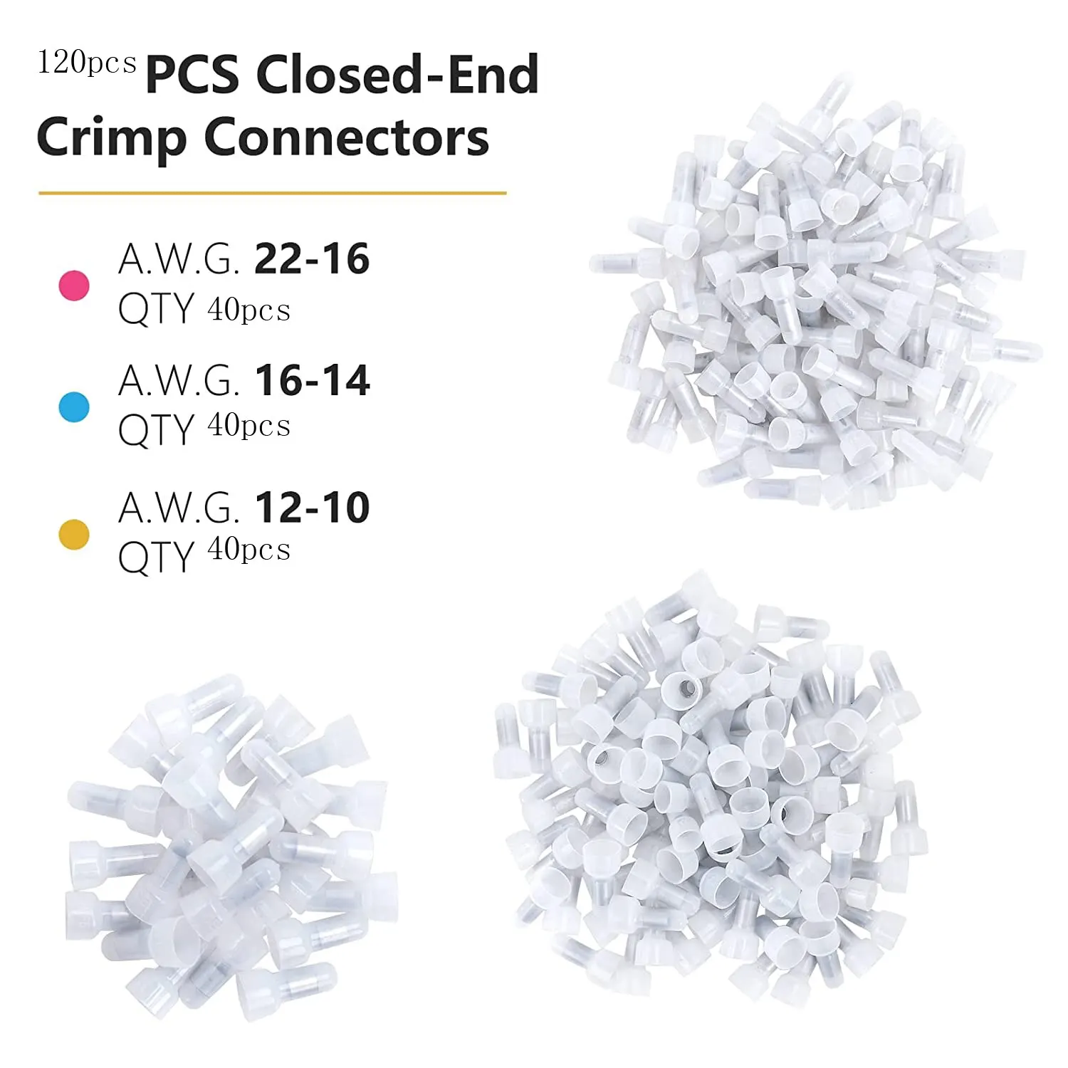Closed End Crimp Connectors 22-16/16-14/12-10 Gauge Crimp Cap Kit Nylon Insulated Closed End Terminals Connector 120 Pcs