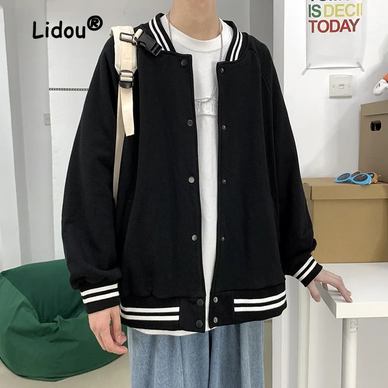 Handsome Solid Striped Pockets Man Jacket New Long Sleeve Loose Single-breasted Street Wear Baseball Collar Harbor Style Top2022