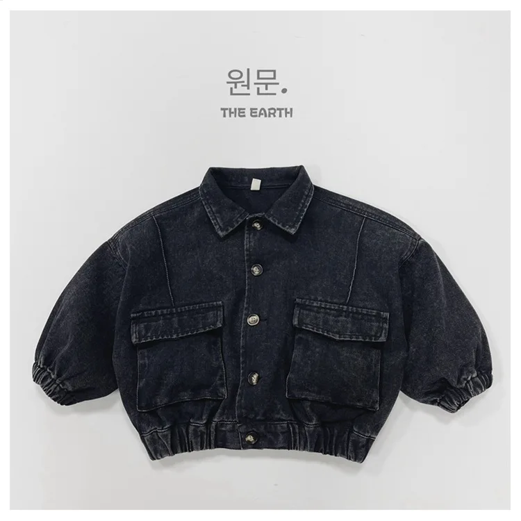 Childrens Boys Denim Jacket Autumn New Korean Solid Color Toddler Boys Cardigan Jacket Retro Pocket Kids Baby
