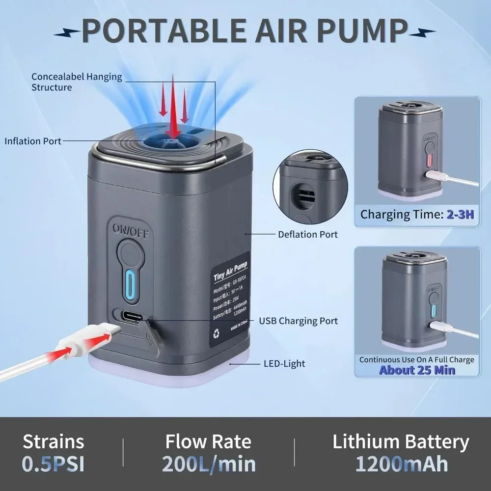 Portable Air Pump, USB Rechargeable 1300mAh Battery Wireless