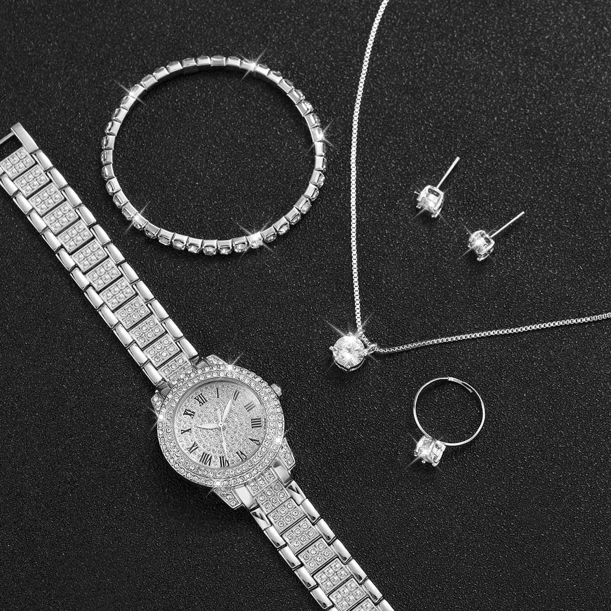 6pcs/set Women Stainless Steel Band Diamond Quartz Watch and Crystal Bracelet Set 3