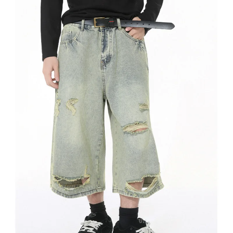 Men's summer new high street fashion trend light colored vintage vintage irregular hole wide leg denim cropped pants M7-D-N857