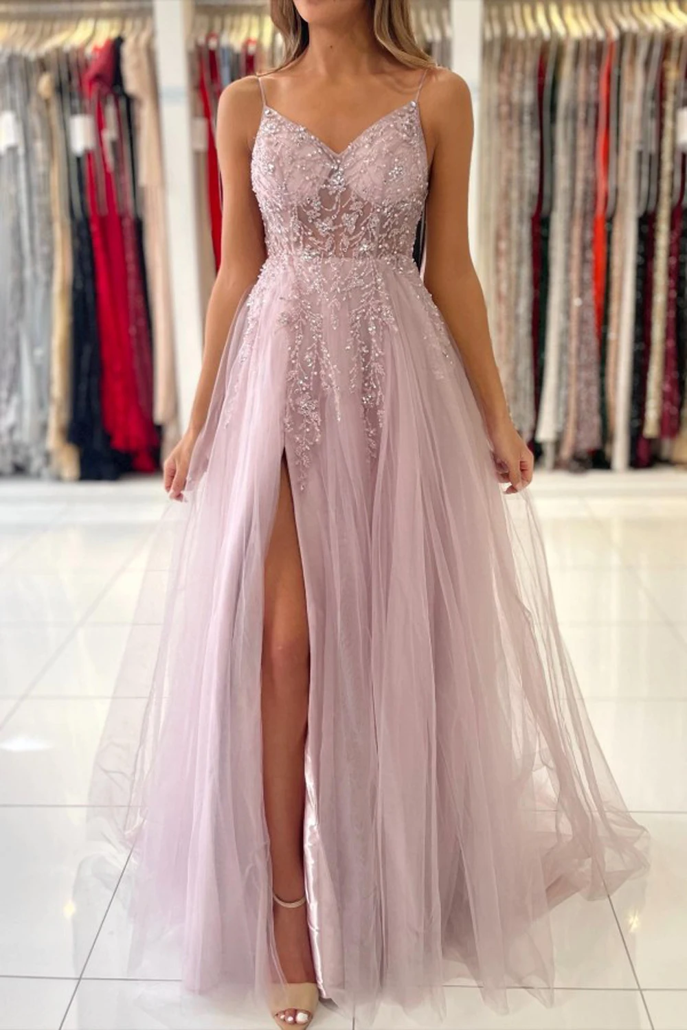 

Spaghetti Strap Sparkly Sequined Beadings Evening Dresses For Women 2023 Pink Soft Tulle Party Gown High Split A Line Sleeveless