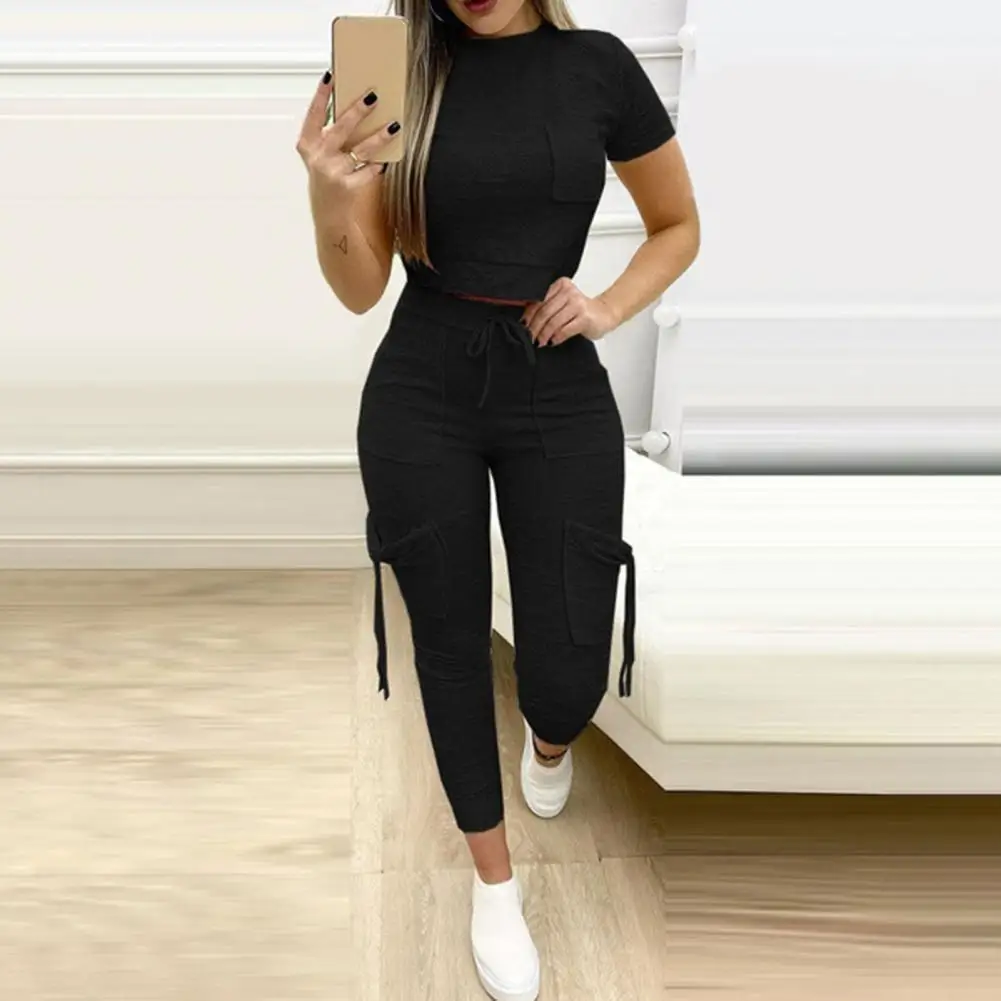 

2Pcs/Set Casual Outfit Stylish Slim Short Top Pencil Pants Skin-touching Loungewear Suit
