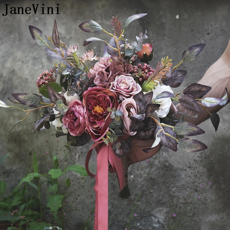 JaneVini Ins Vintage Bridal Flowers Wedding Bouquet De Mariage Mariée Autumn Dusty Pink Rose Artificial Bride Hand Bouquets 2023