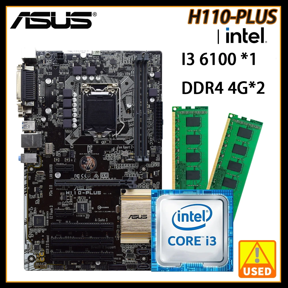 Lga 1151 Asus H110-Plus + I3 6100 + Ddr4 4G * 2 Kit Scheda Madre Intel H110 Supporto Core I3 I5 I7 Cpu 32Gb Vga Dvi Usb3.0 Sata3 Atx