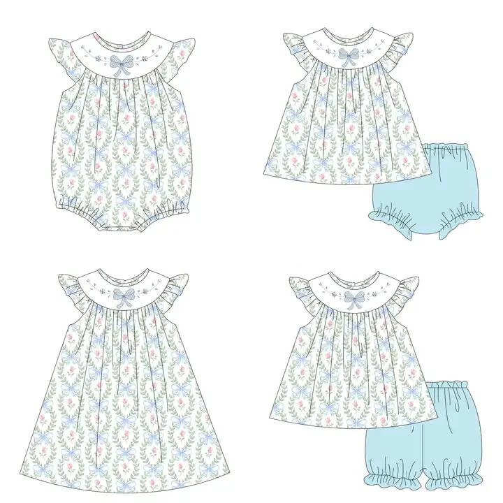 

New girls boutique children's suit with small flying sleeves and flower print shorts girl suit baby jumpsuit dress 4-piece set