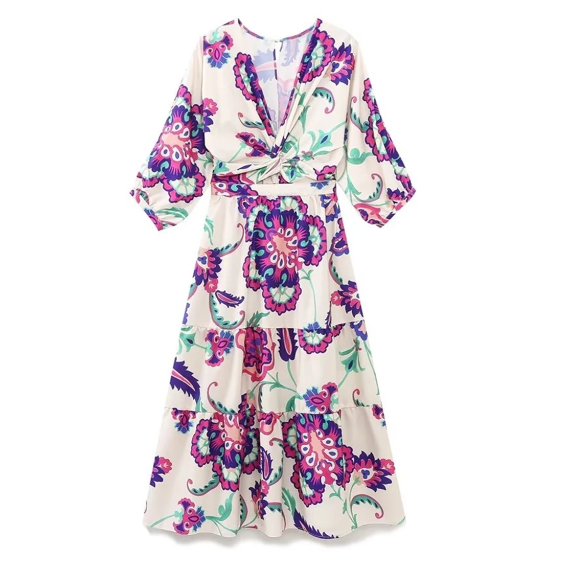 

Jenny&Dave 2023 Summer Fashion Floral Dress Women Indie Folk Printing V-neck Hollow Out Bow Casual Midi Dress Women