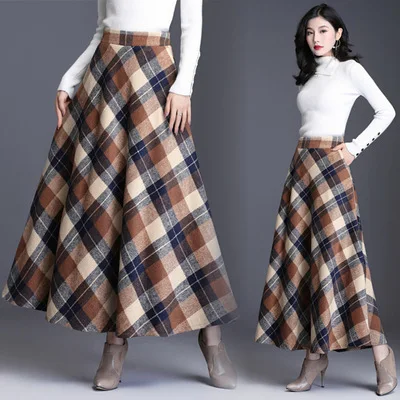 

Women's Retro Woolen Plaid Skirt, Mid Length, High Waisted, A-line, Autumn and Winter, Real shot