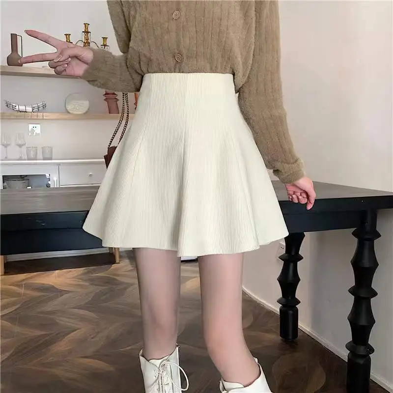 Korea Corduroy Simplicity Zipper Solid Color High Waist Skirt Women Clothes Sweet Patchwork A-line Skirt Preppy Style