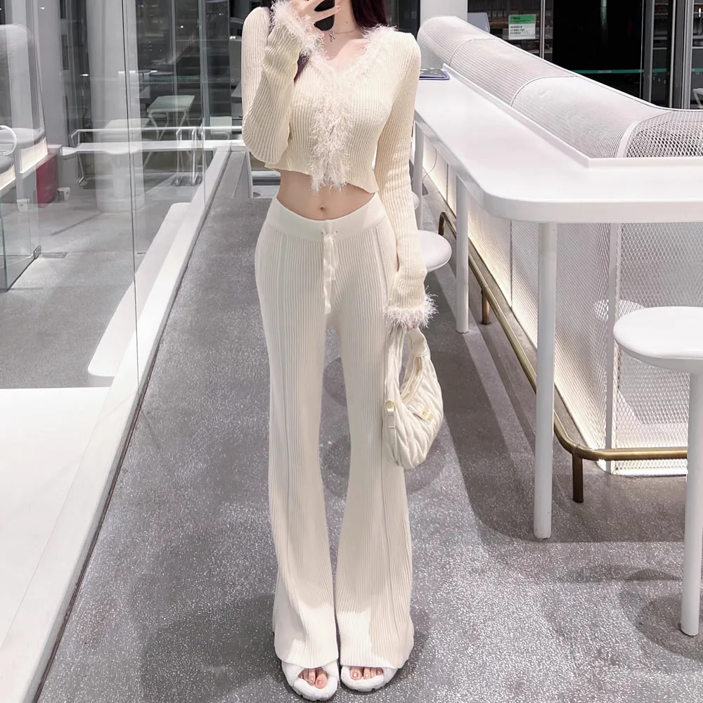 High Waist Knitted Thi Wide Leg Floor Length Pants Women Loose Slimming Casual Micro Flared Long Trousers Autumn Winter