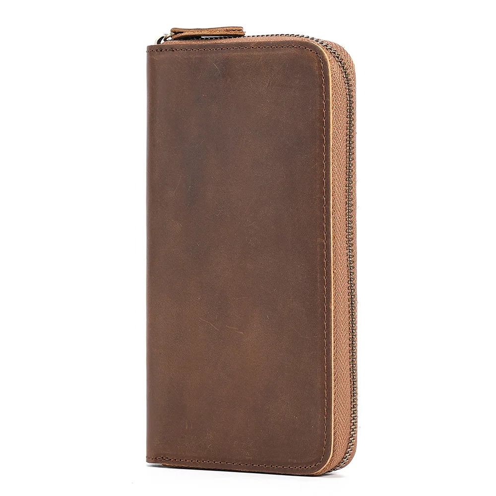 

Men's Crazy Horse Leather Long wallet Zip Around genuine leather Aallet Phone Case Purse With Coin Pocket 4 Interlayer Pocket