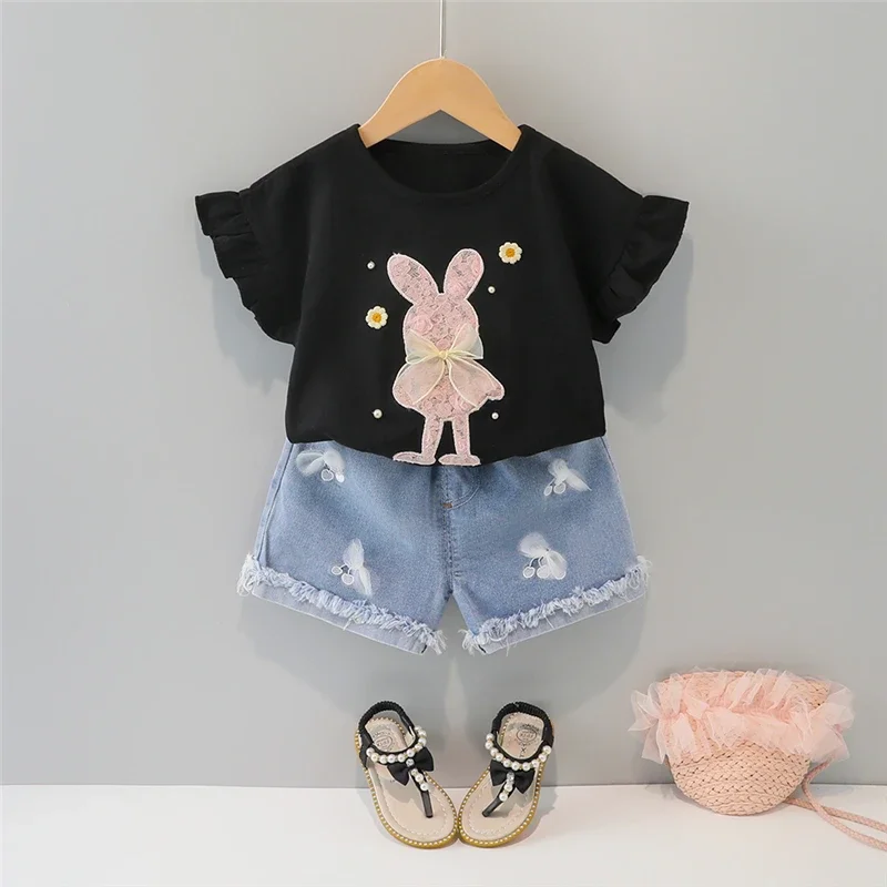 

Toddler Girls Clothing Sets Summer Children Casual Clothes Cartoon Rabbit Short Sleeve T-shirt Denim Shorts Kids Clothes