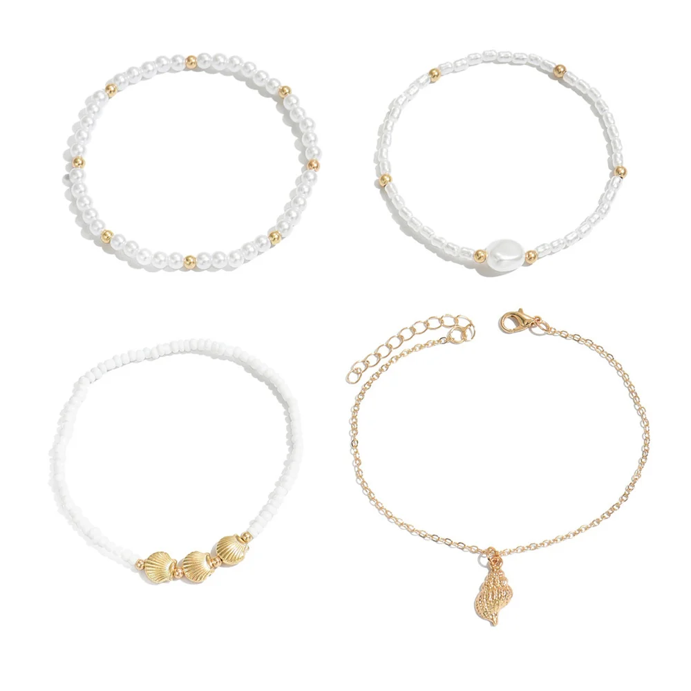 Shell Conch Pendant Foot Chains Sets Simulated Pearl Rice Beads Anklets For Women Gold Color Ankle Bracelet Summer Beach Jewelry