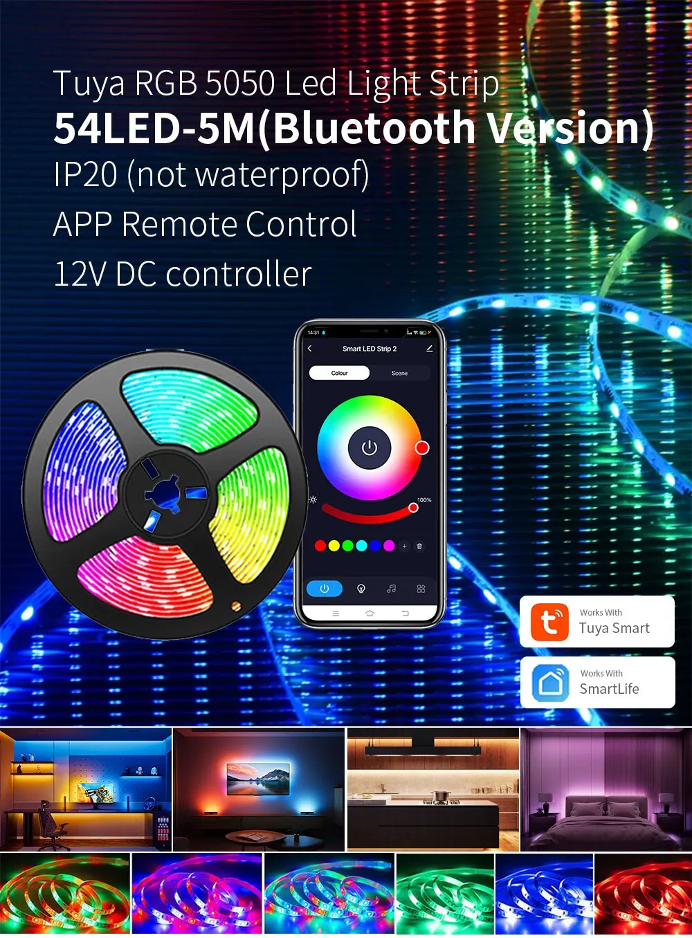 Tuya Smart Life LED Light Strip Bluetooth Control DC12V 5M SMD 5050 54LEDs/M Fle