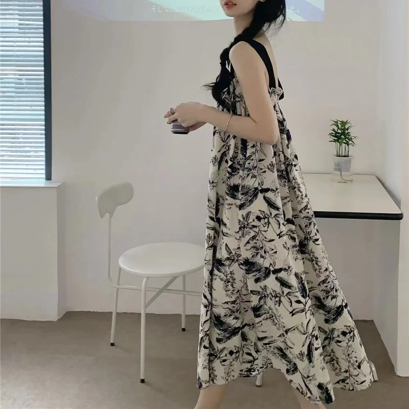 

Ink Printing Holiday Mori Girl Style Suspender Dress Women's Summer High Waist Pleated Texture French Strap Summer Long Dresses