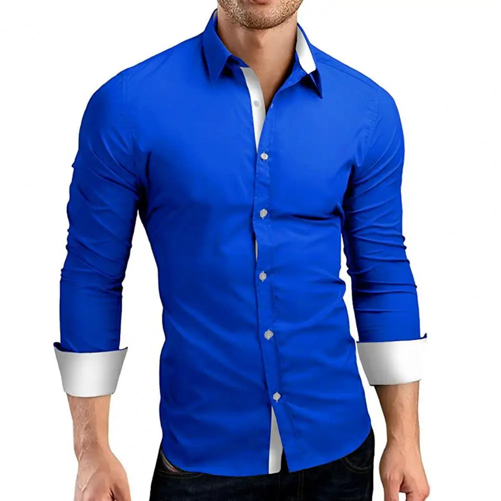 Men Shirt Contrast Color Single-breasted Turn-down Collar Bright Spring Shirt for Work