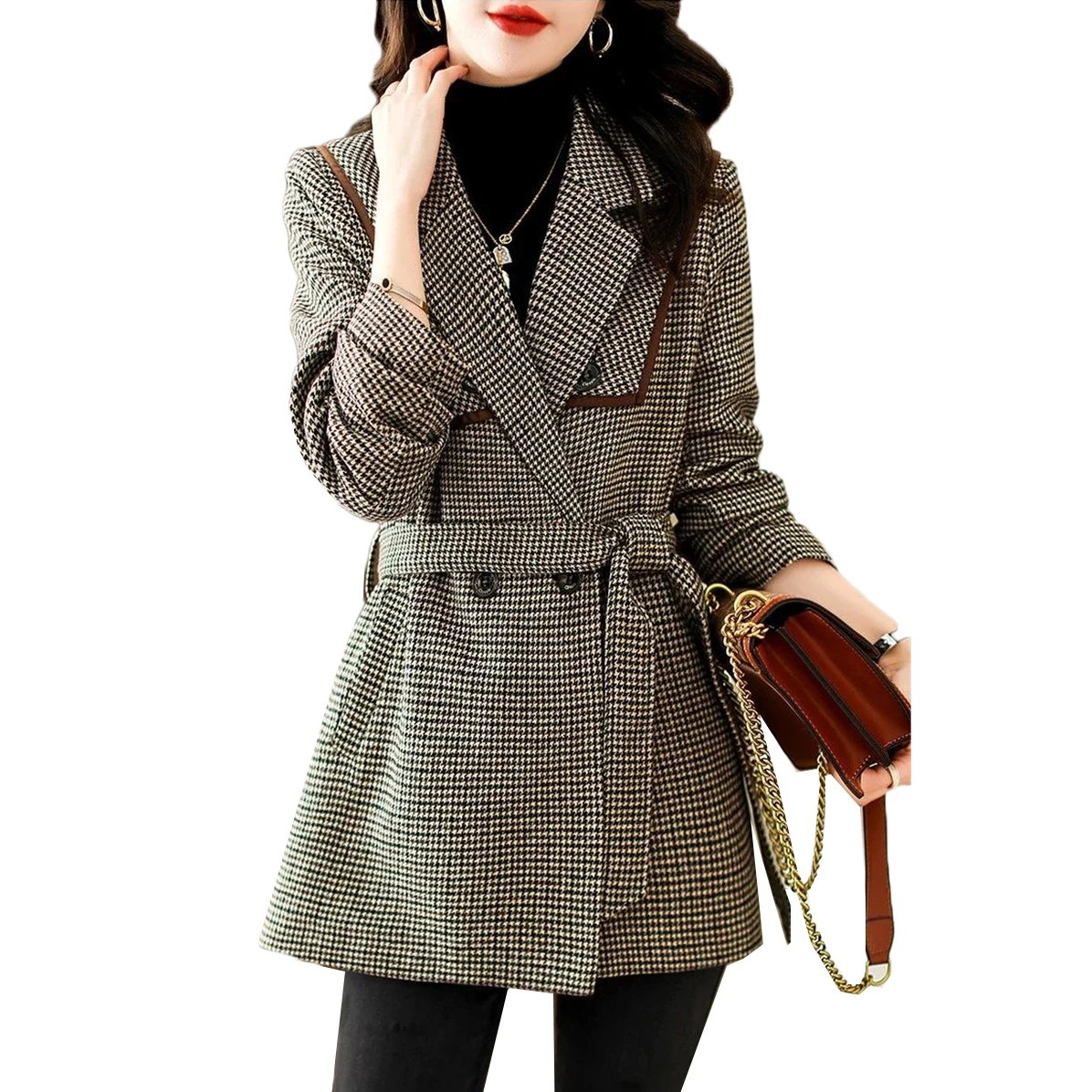 

Autumn Winter Women's Jacket New Fashion Plaid Woolen Coat Elegant Lady Office Blazers Wool Blend Coats Female Outerwear 4XL