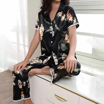 Women's Pajama Butterfly Cherry Print Satin Pijama Set Short Sleeve Buttons Top & Elastic Waistband Pants Sleepwear & Loungewear
