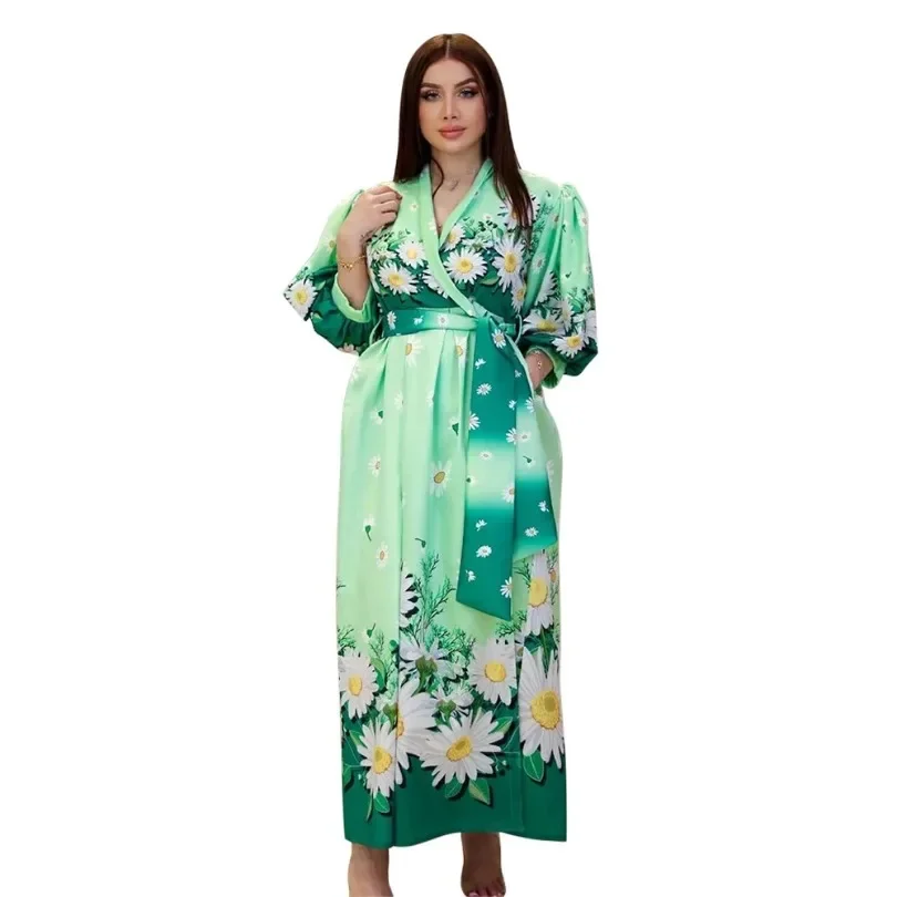 Abaya Dress Spring Autumn 2024 Muslim Women Elegant Half Sleeve V-neck Polyester Printing Long Maxi Dress Muslim Fashion Dress