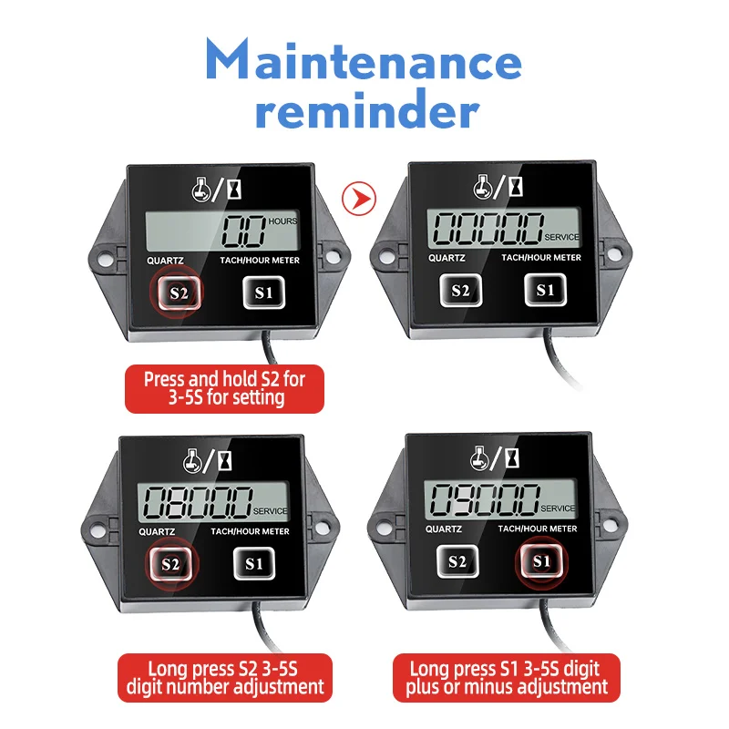 Engine Tachometer Tachometer Gauge Tachometer Meter Engine Hour Meter ZSB-01Motor Speedmeter Engine Hour Meter Tachometer Gauge RPM LCD Display For Gasoline 2/4 Stroke Boat Motorcycles Chainsaw