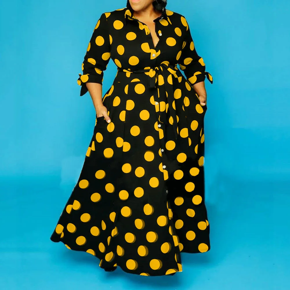 

Plus Size Three-quarter Sleeve Polka Dot Long Maxi Dress with Belt 4XL Vintage Elegant High Waist Sashes Button Up Shirt Dress