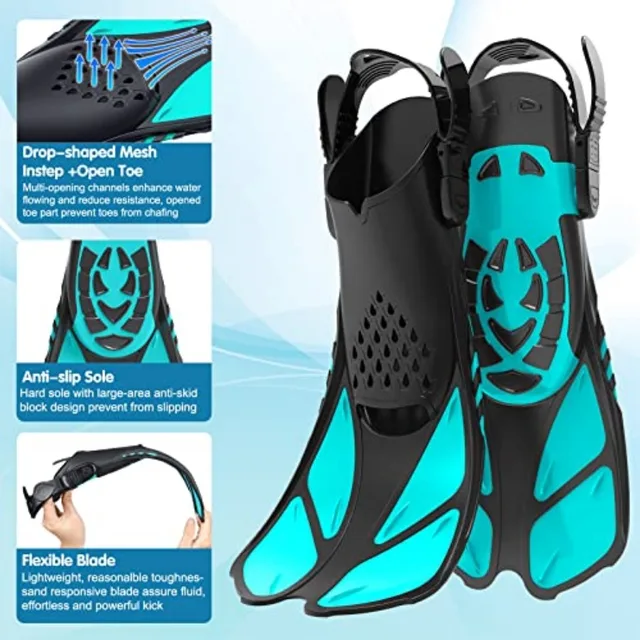 Snorkel Set, Mask Fins Snorkeling Gear for Anti-Fog Swim Goggles 180 Panoramic View Dry Top Snorkel and Dive Flippers Combo wit