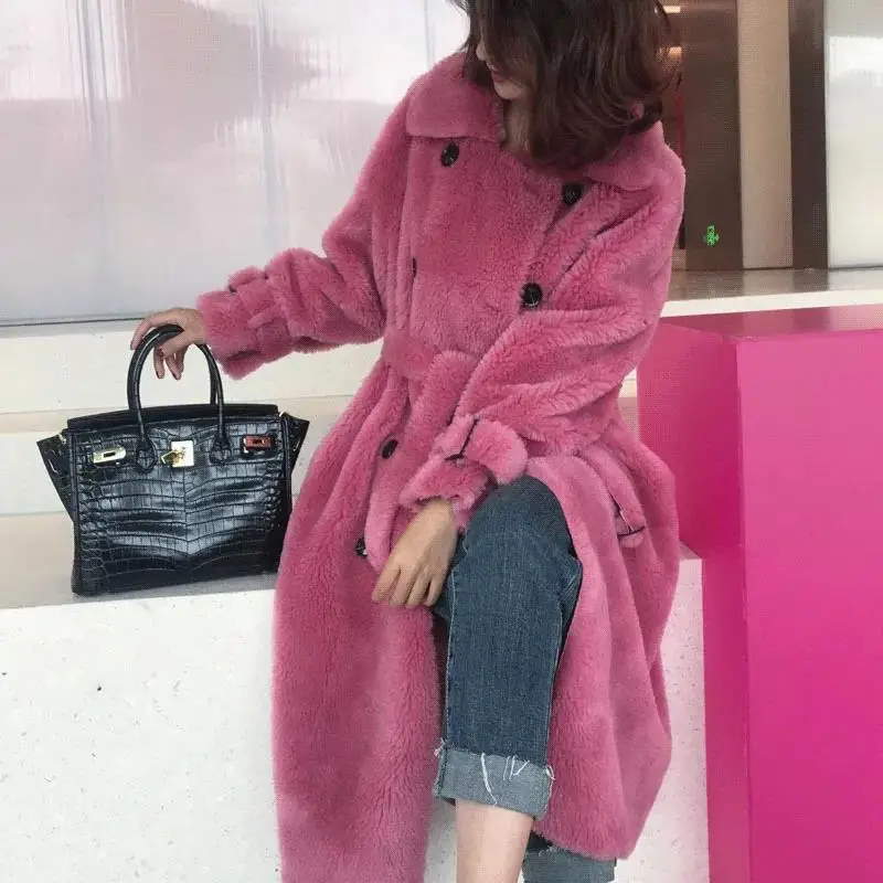 2023 New Women Faux Fur Coat Thicken Warm Long Outwear Winter Loose Fashion Korean Wool Parkas Temperament Solid Color Outcoat