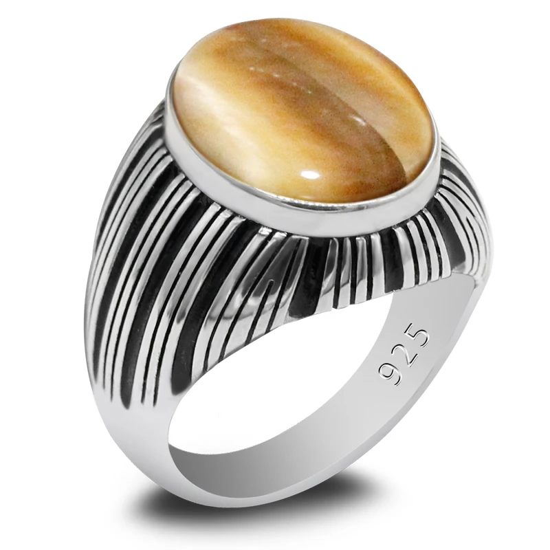 

New Punk Rock 925 Sterling Silver Türkiye Men's Oval Natural Gold Tiger Eye Vintage Handmade Ring Fashion Punk Luxury Gift