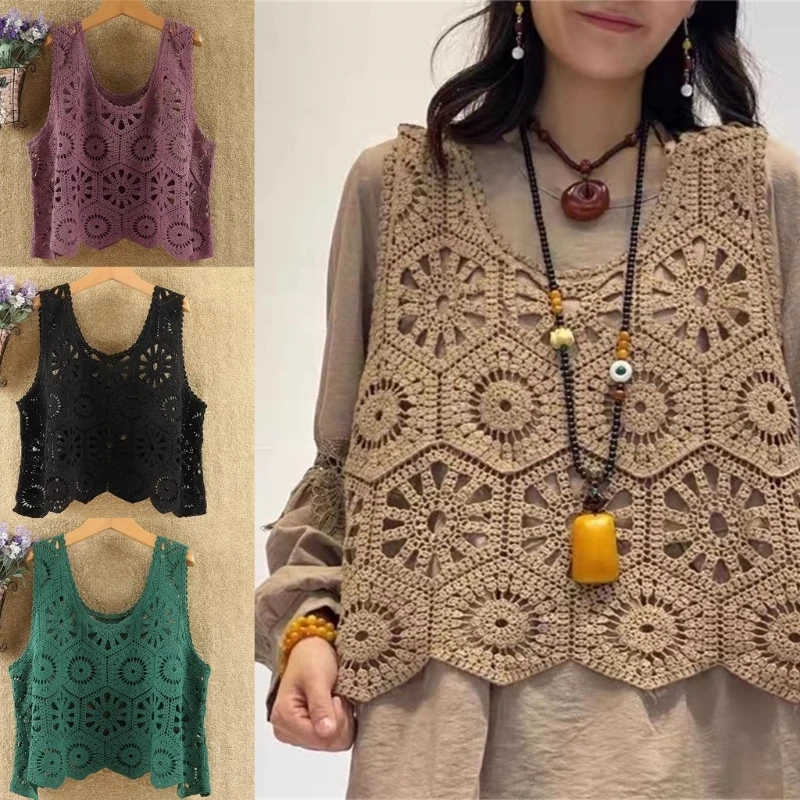 

Women Hollow Out Crochet Vest Tops Summer Sleeveless Shirt Tops Casual Loose Tops Waistcoat Outwear Streetwear P8DB