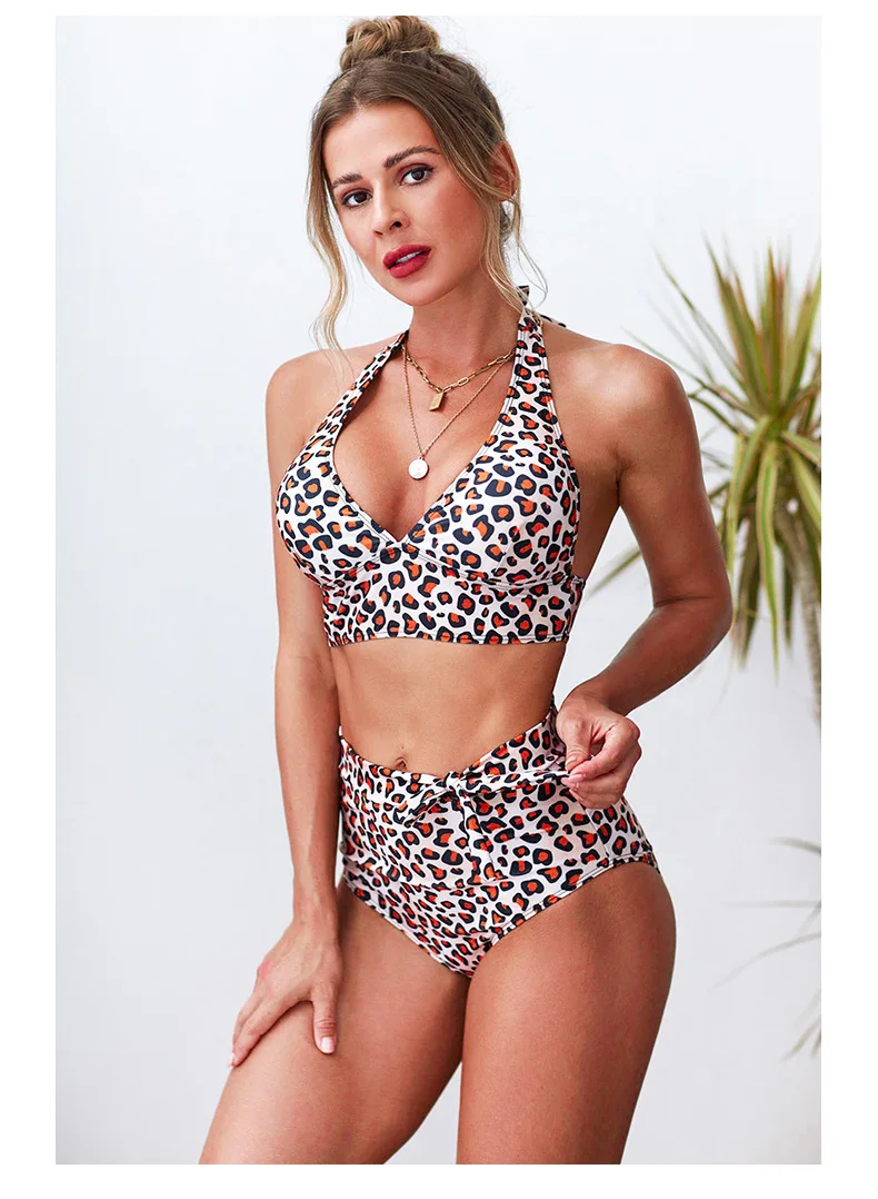 New Leopard Bikini European and American Sexy High Waist Gathered Split Swimsuit Hot Spring Vacation Swimwear Bathing Suit Women